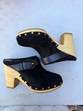 Veronica Beard Black Suede Buckle Clog Mules with Natural Wood Heel